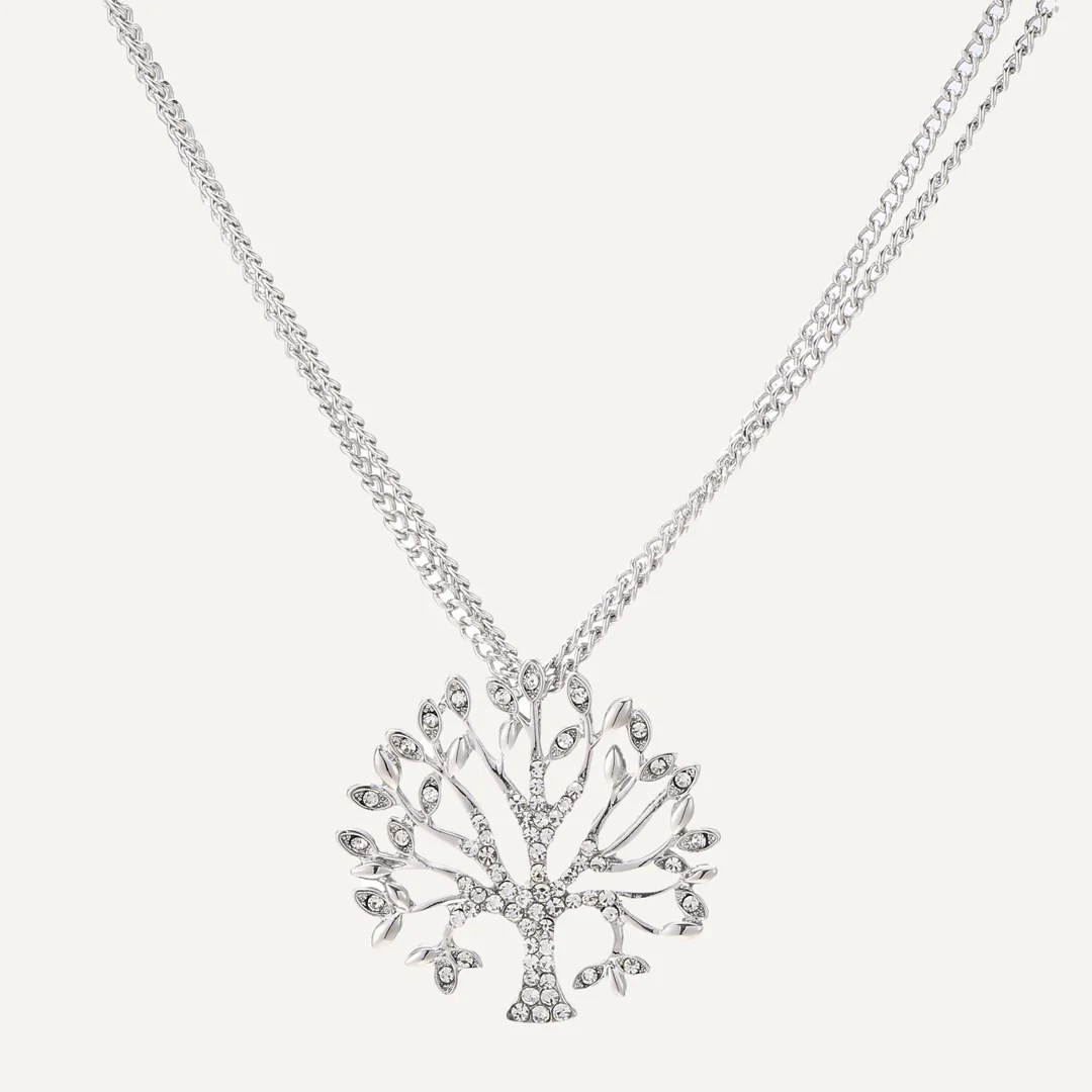 MultiChain Tree Of Life Crystal Necklace In Silver Tone