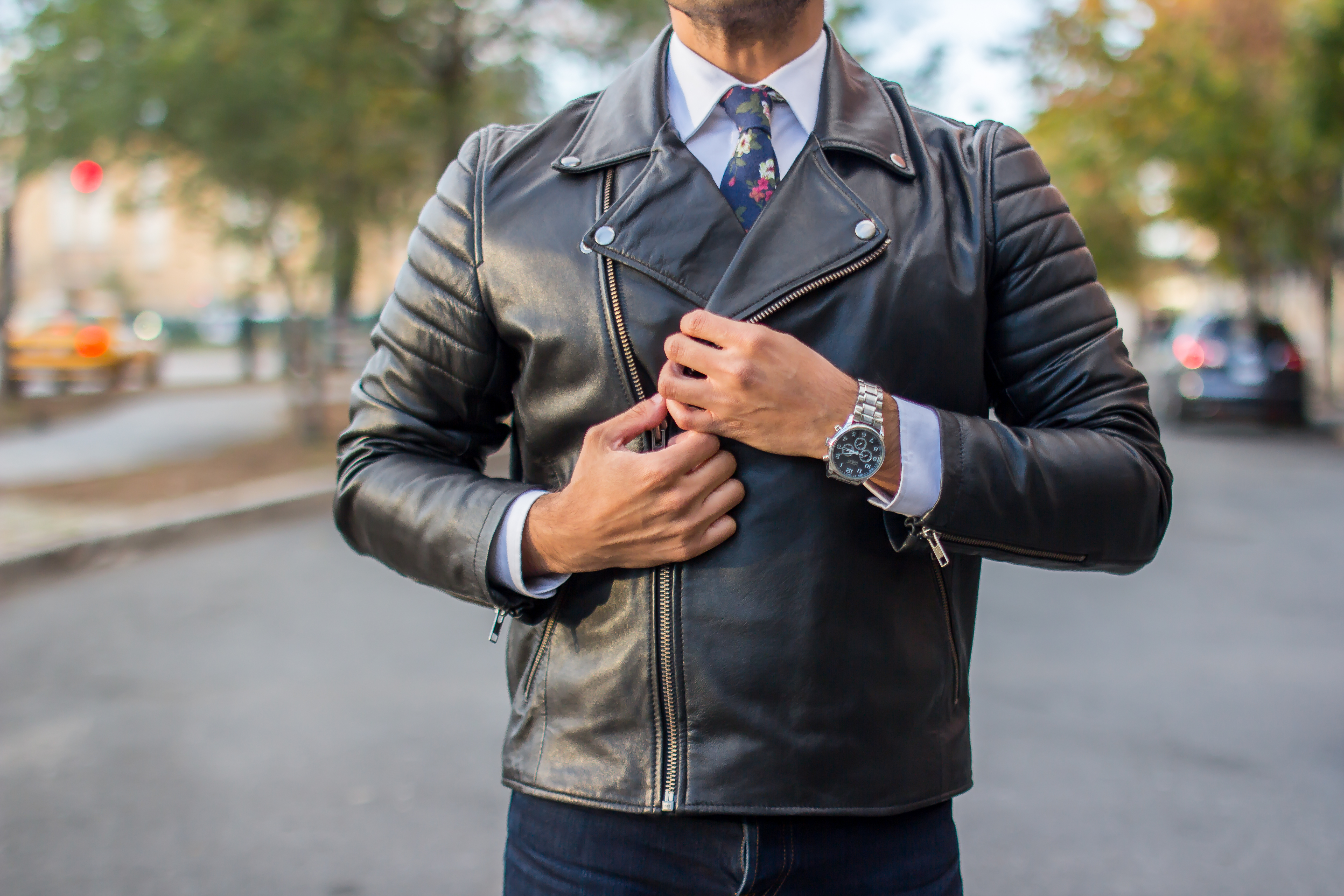 LEATHER JACKET WITH A SHIRT AND TIE Dandy In The Bronx