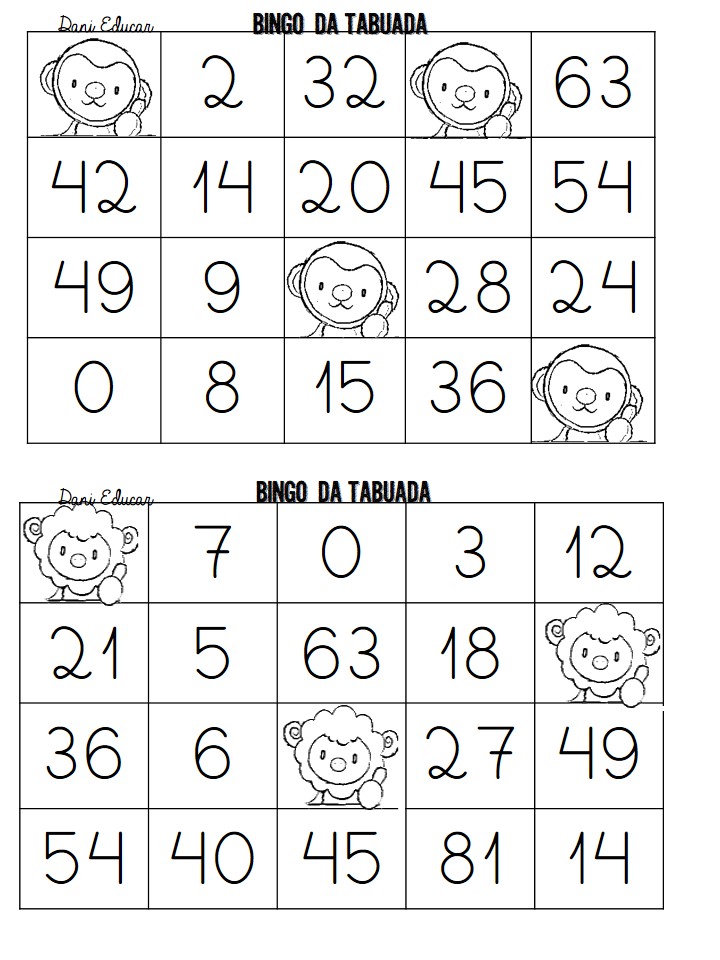 Bingo da tabuada para imprimir Dani Educar