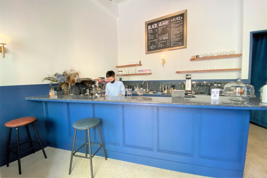 Maxi Coffee Bar Minimalist Blue Cafe With Iced Cereal Milk Latte And