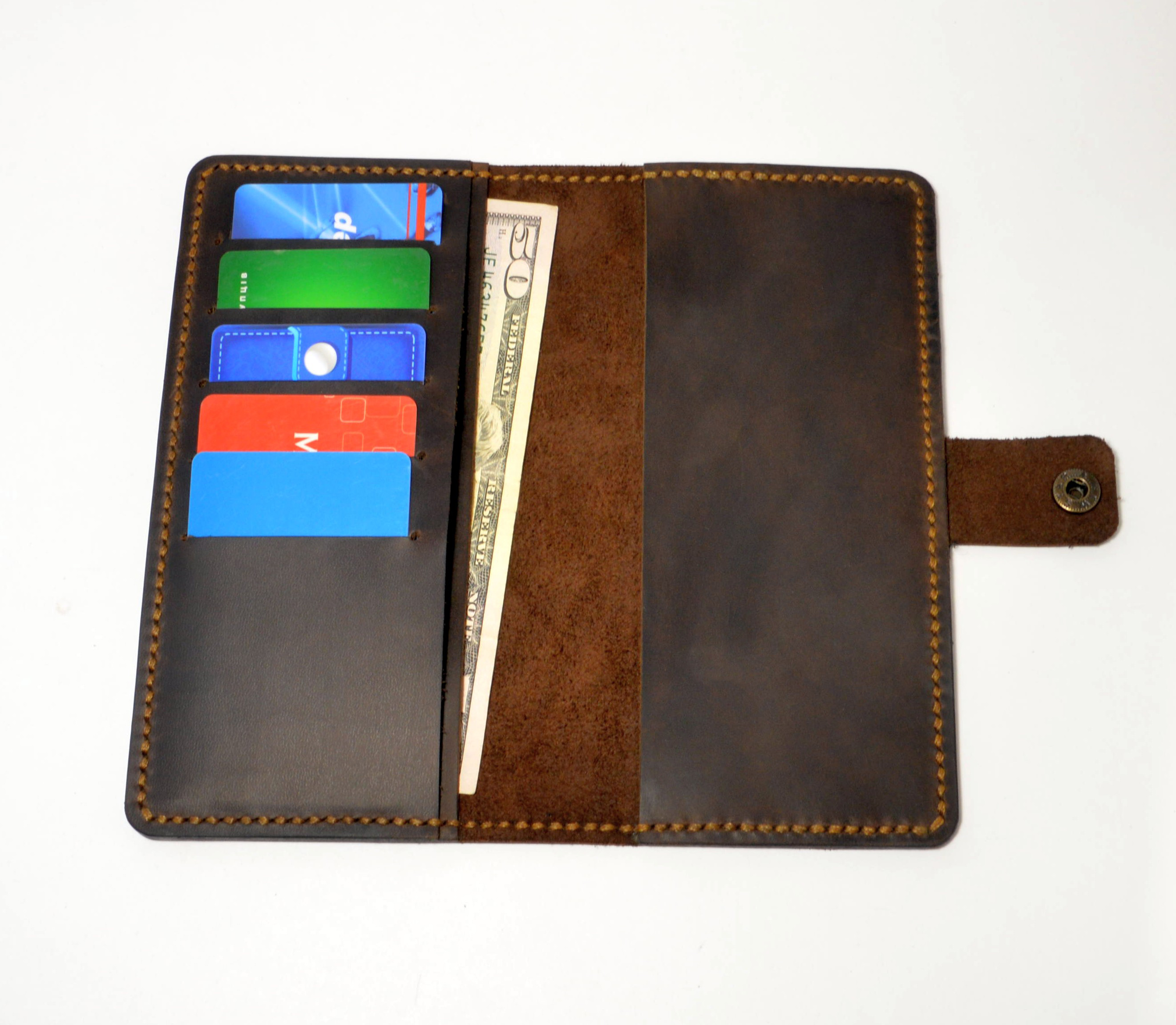 Custom leather checkbook wallet with bill compartment, credit card
