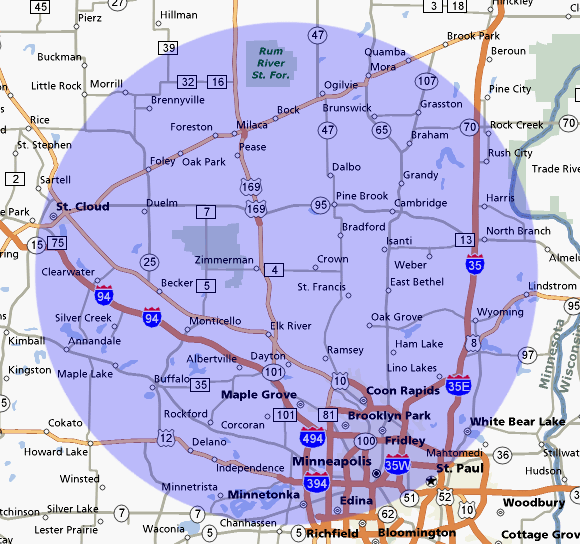 Work Area Map of Danny and Matt's Lawn and Lot Services Twin Cities