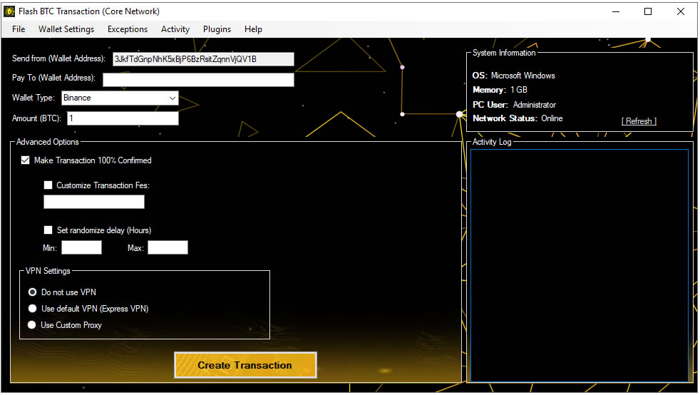 Flash btc transaction (core network) Cryptoflashing