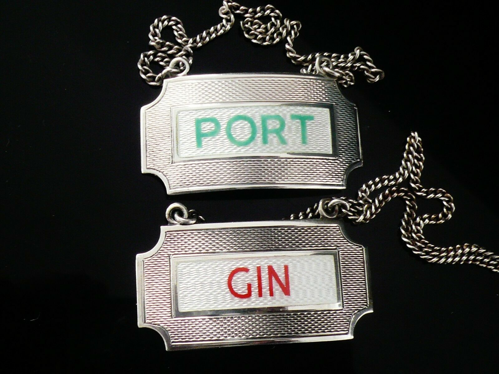 Silver Enamel Decanter Labels, Pair, Gin, Port, Turner & Simpson Ltd