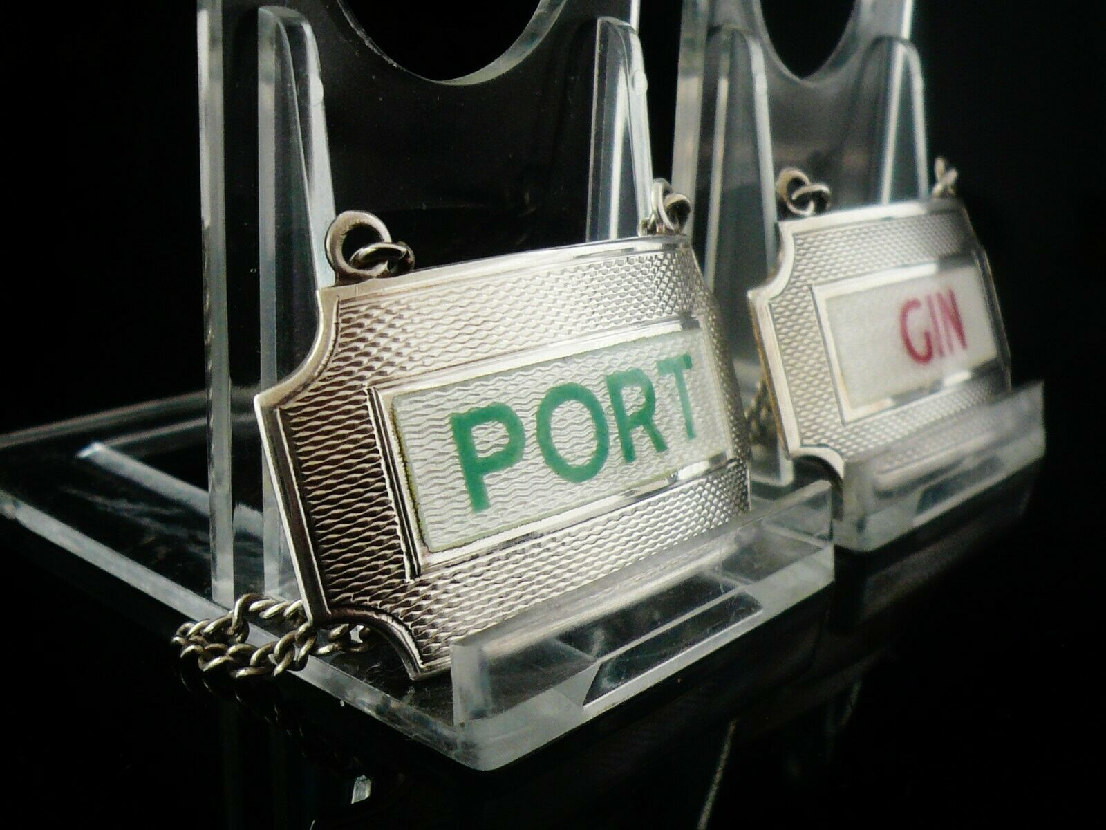 Silver Enamel Decanter Labels, Pair, Gin, Port, Turner & Simpson Ltd