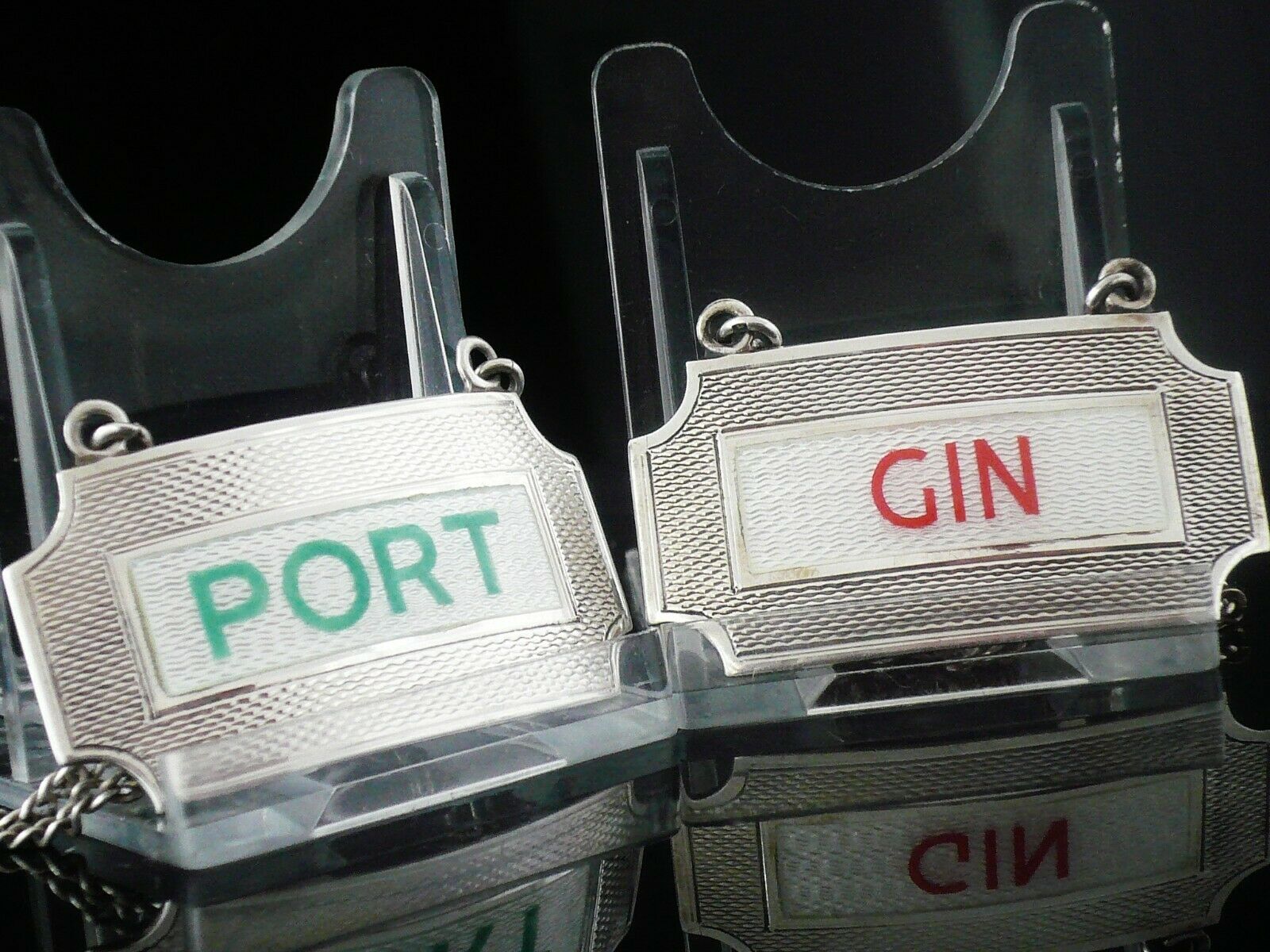 Silver Enamel Decanter Labels, Pair, Gin, Port, Turner & Simpson Ltd