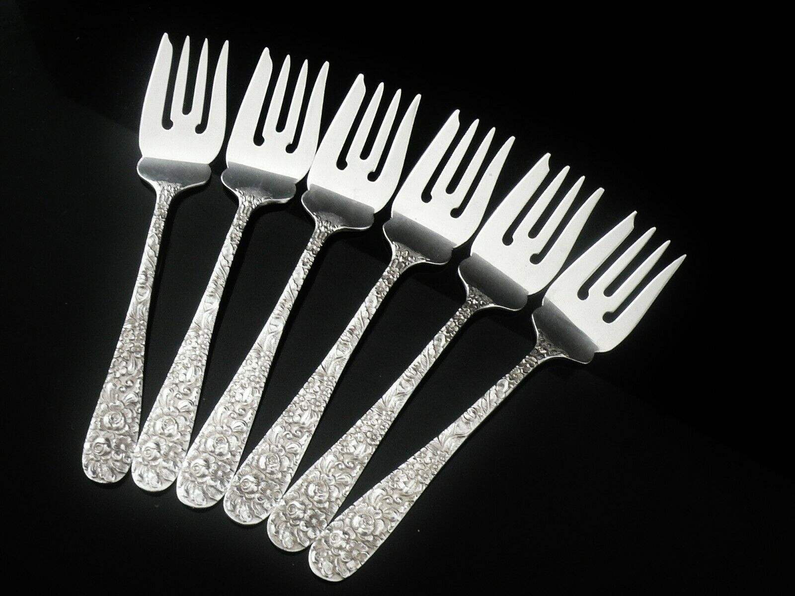 Sterling Silver Salad Forks, Set 6, ROSE Pattern, Steiff, American