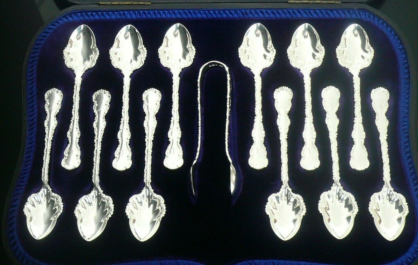 Antique Sterling Silver Teaspoons, Sugar Tongs, Cased, Set 12,Sheffield
