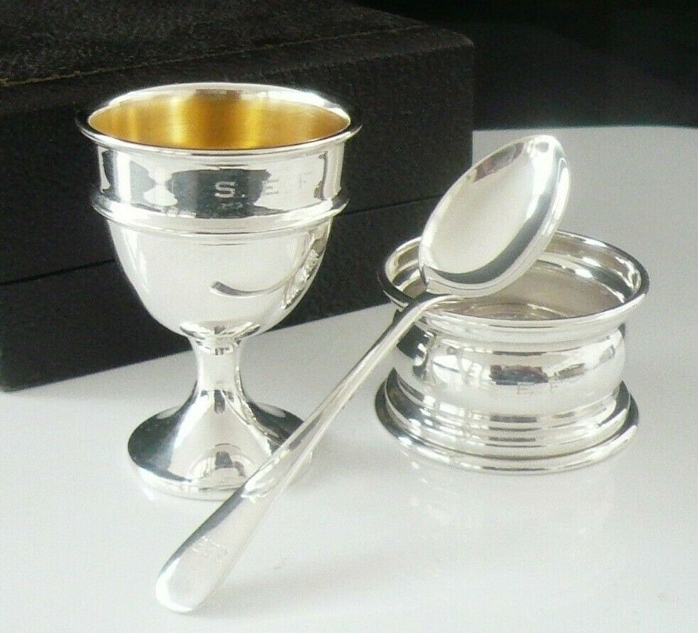 Sterling Silver Christening Set, Egg Cup, Spoon, Napkin Ring, Cased