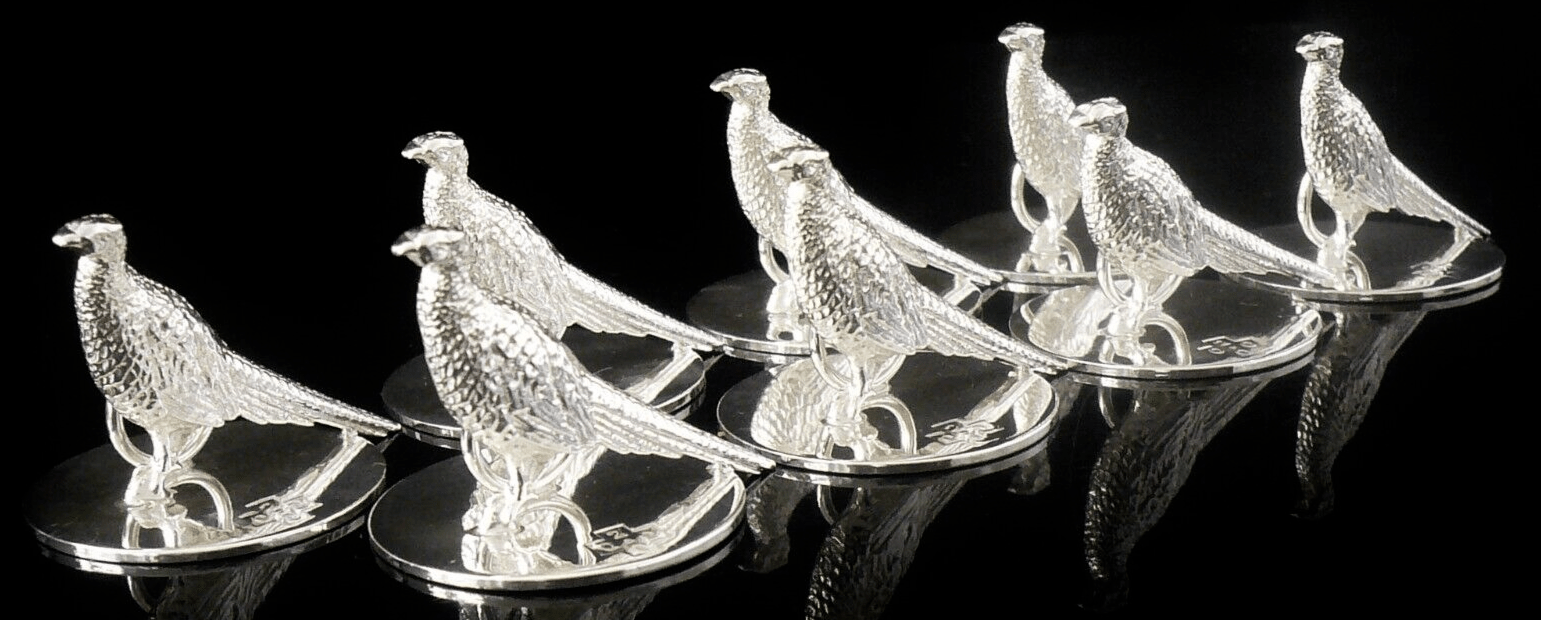 Silver Place Card Holders, Pheasant, Sterling, Cased, Immaculate