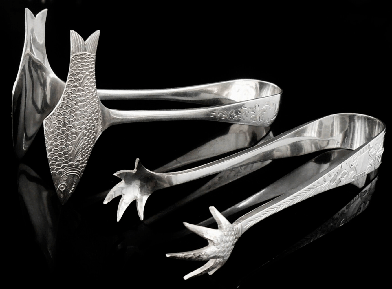 2 Pairs Silver Plated Tongs, Sugar Tongs & Sardine Tongs, Antique