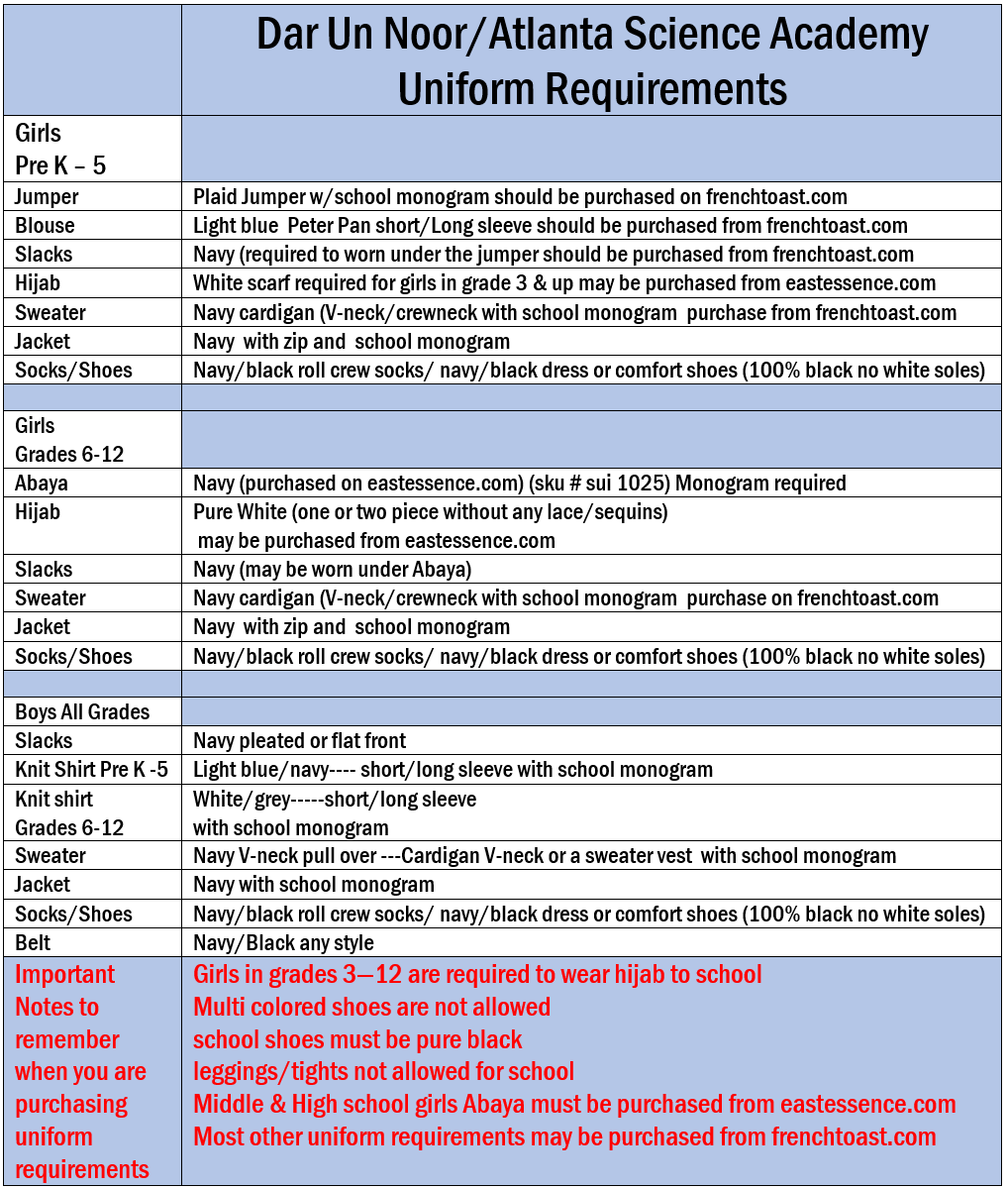 Uniform Policy & School Supplies Dar un Noor Academy