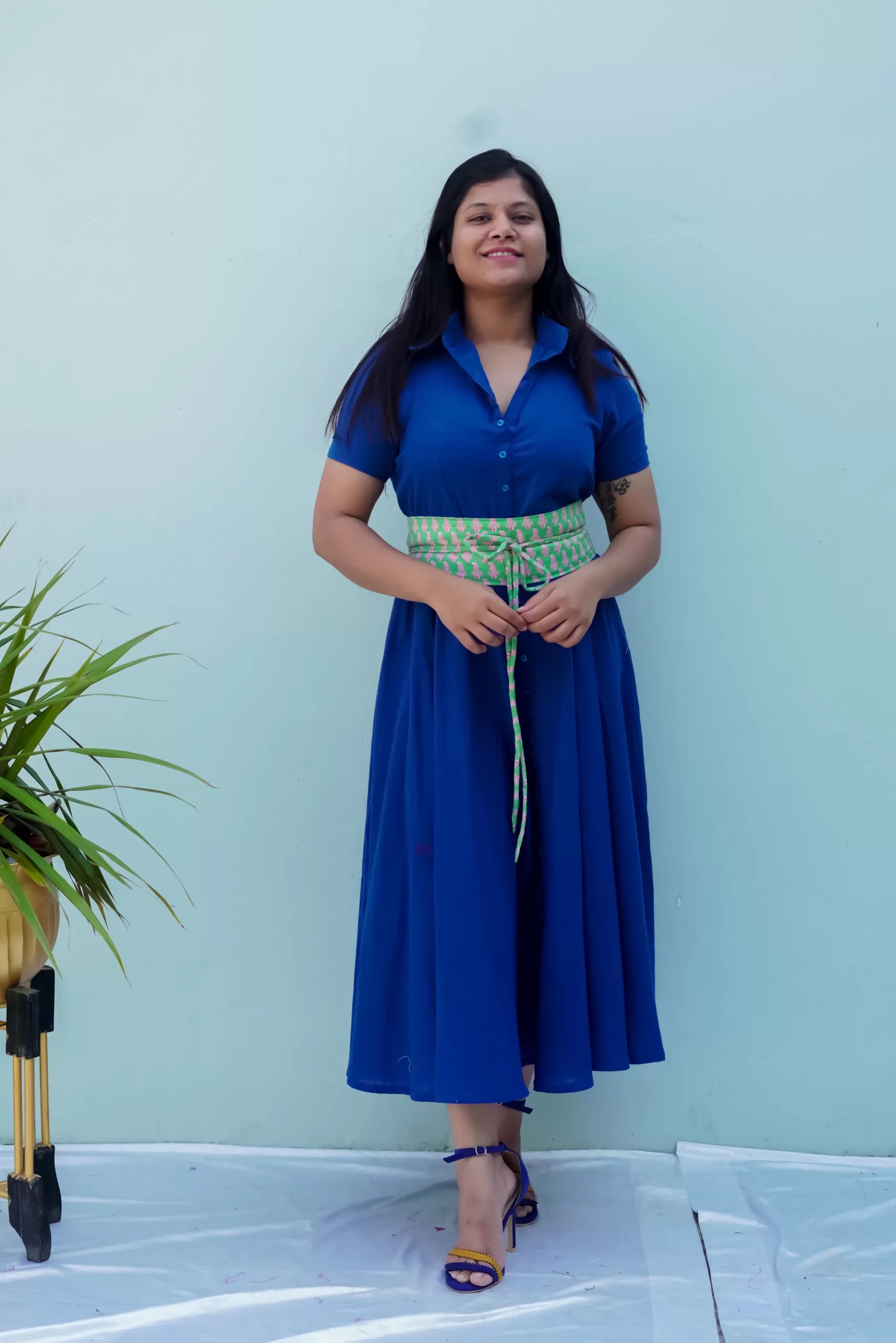 Blue collar Dress with belt Darzigiri