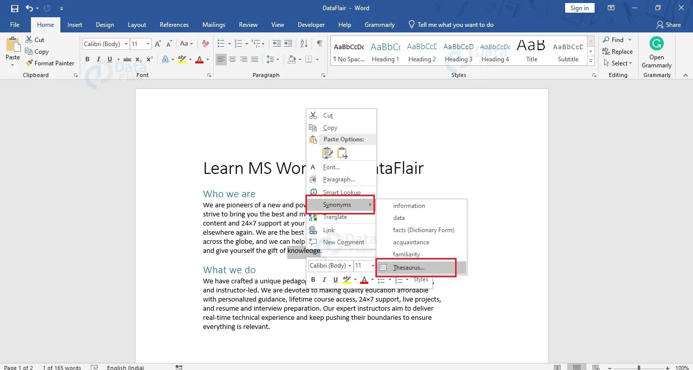 How to use Thesaurus in a Word Document? DataFlair