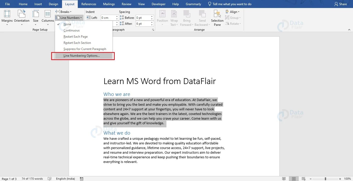 How to add or remove Line numbers in Word document DataFlair