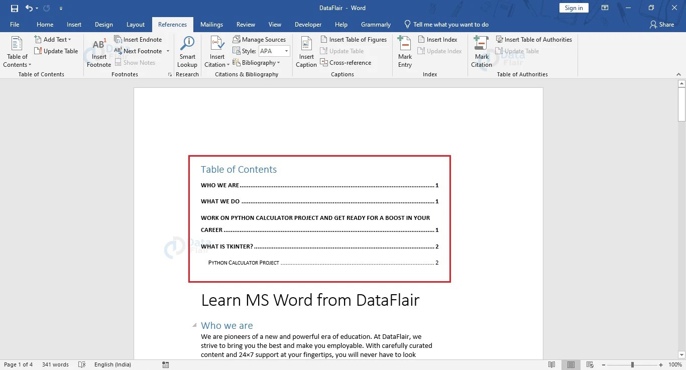 How to create Table of Contents in MS Word? DataFlair