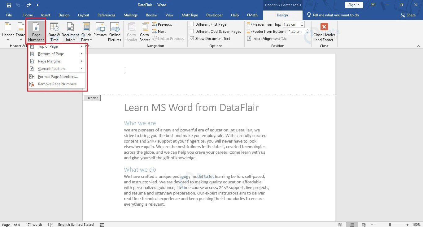 How to add Page Numbers in Word? DataFlair