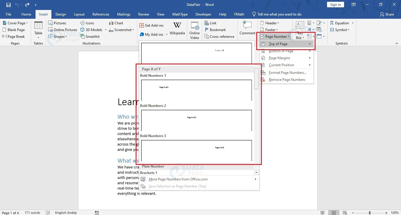 How to add Page Numbers in Word? DataFlair