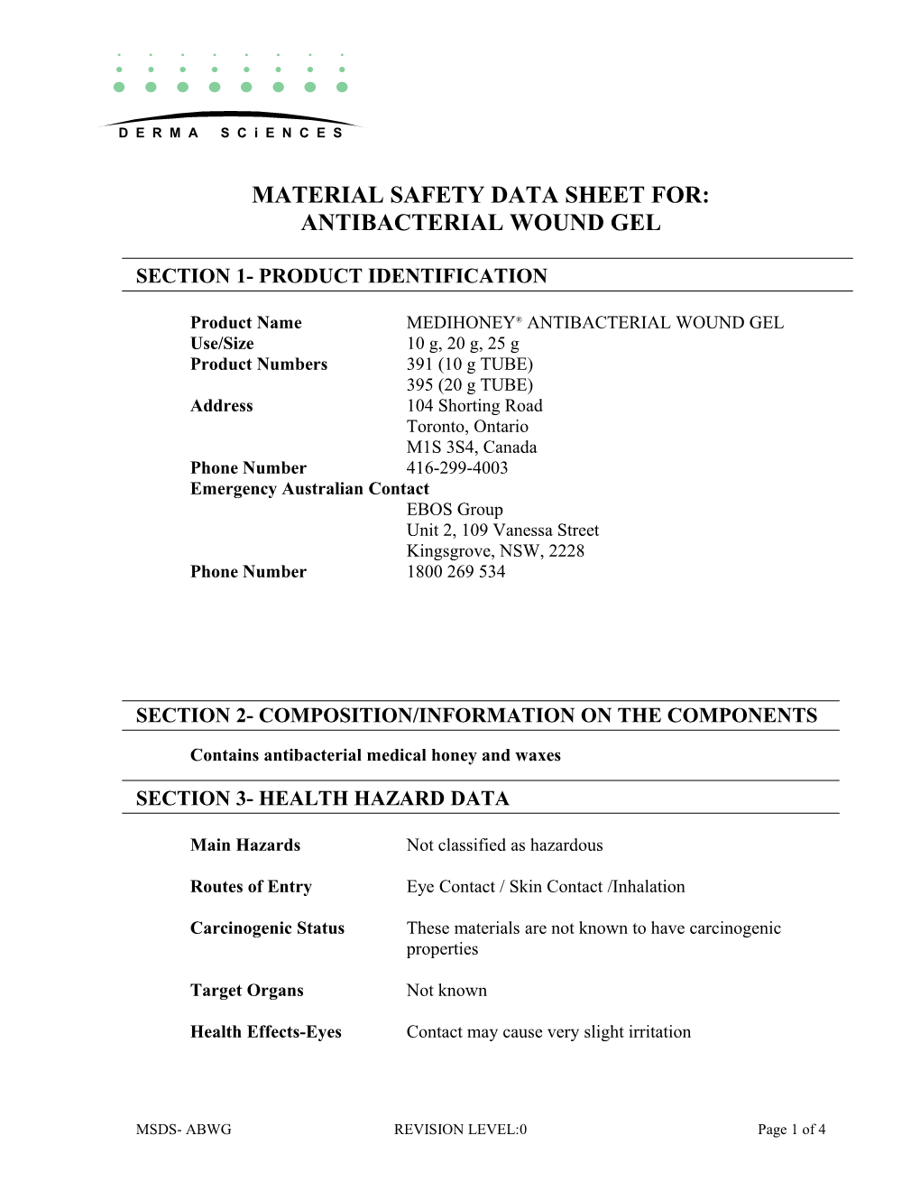 Material Safety Data Sheet For Antibacterial Wound Gel Docest