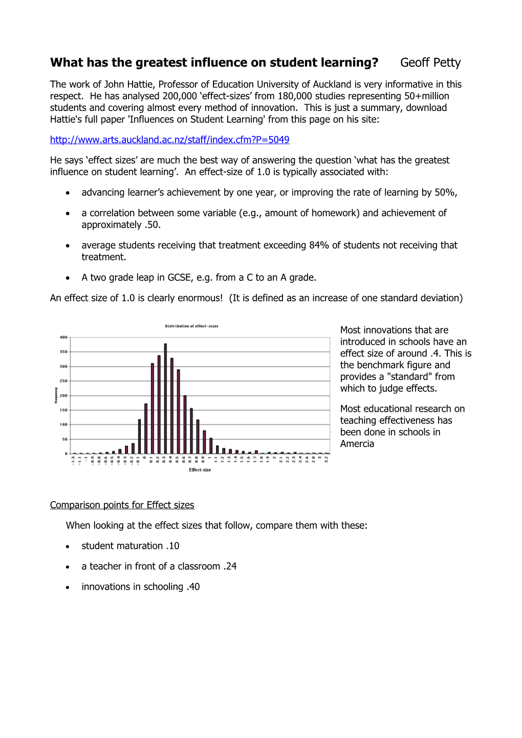 Professor John Hattie Table of Effect Sizes - Docest