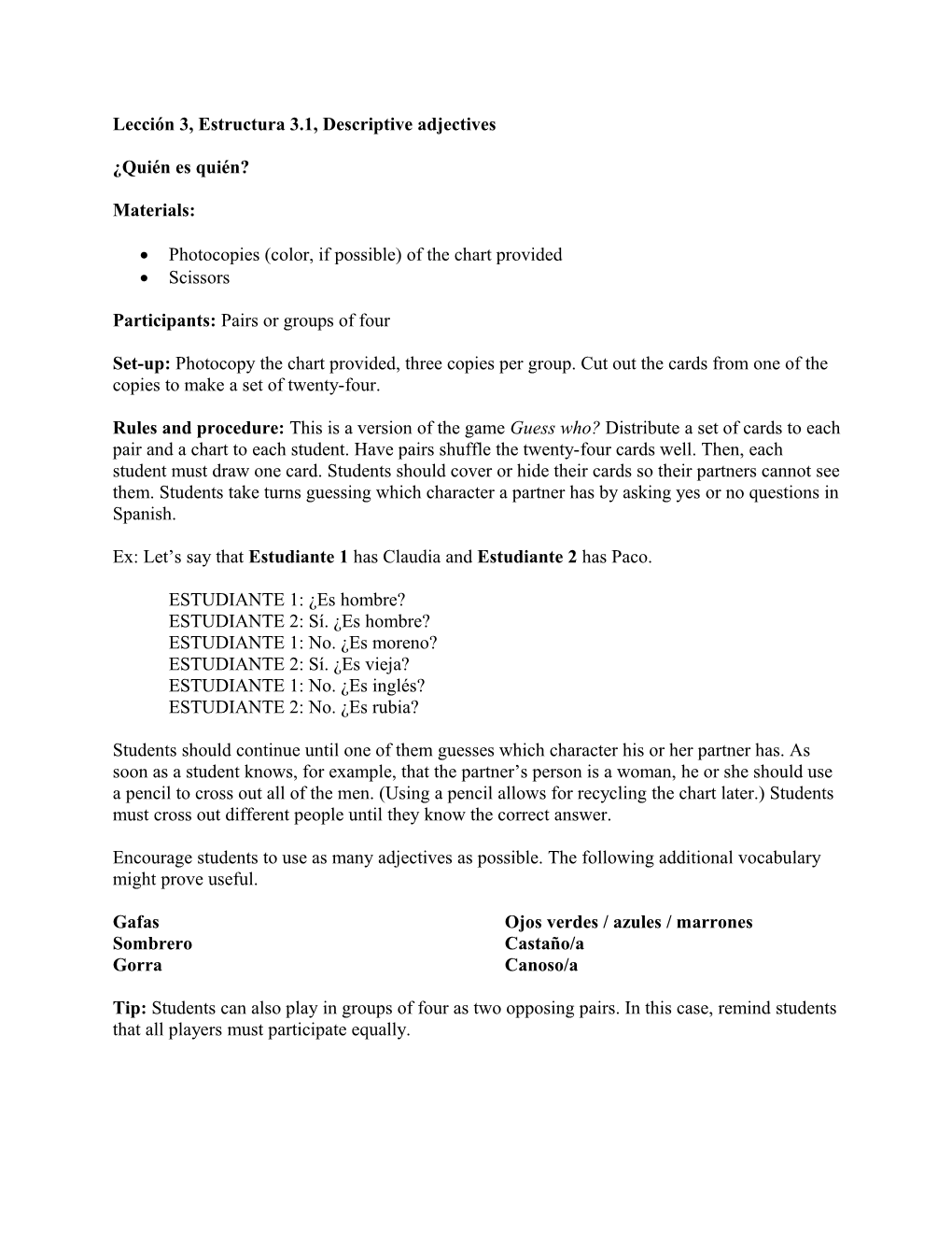 Lección 3, Estructura 3.1, Descriptive Adjectives Docest