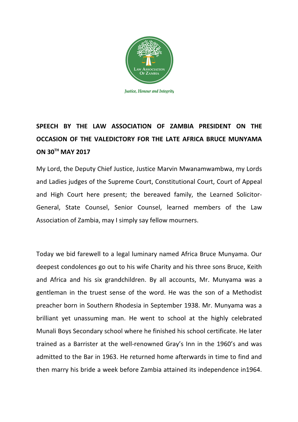 Speech by the Law Association of Zambia President on the Occasion of