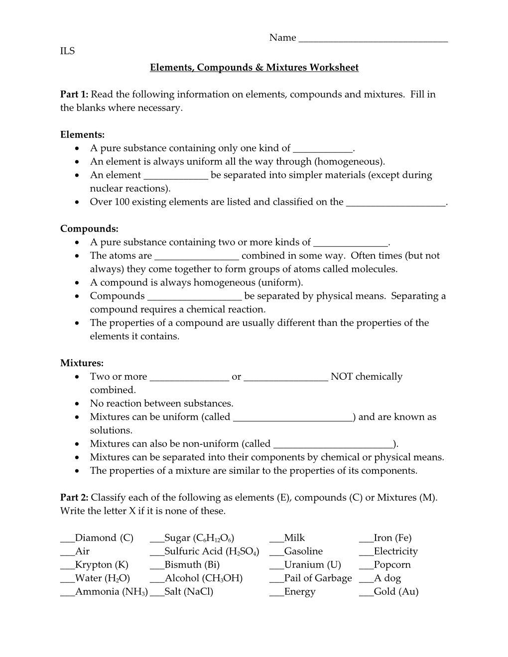 Compounds And Mixtures Worksheet
