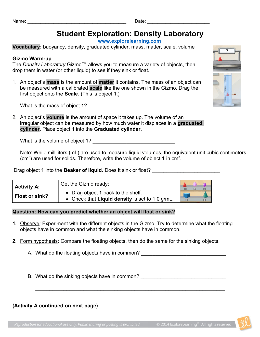 Student Exploration Density Laboratory Docest