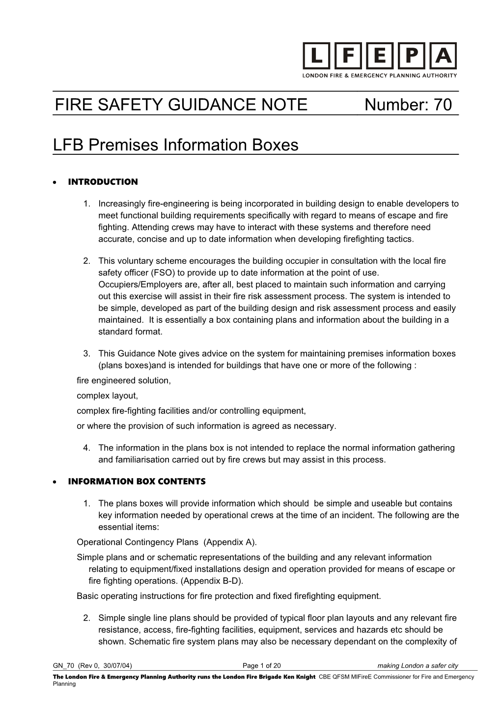 Fire Safety Guidance Note No. 70, LFB Premises Information Boxes Docsbay