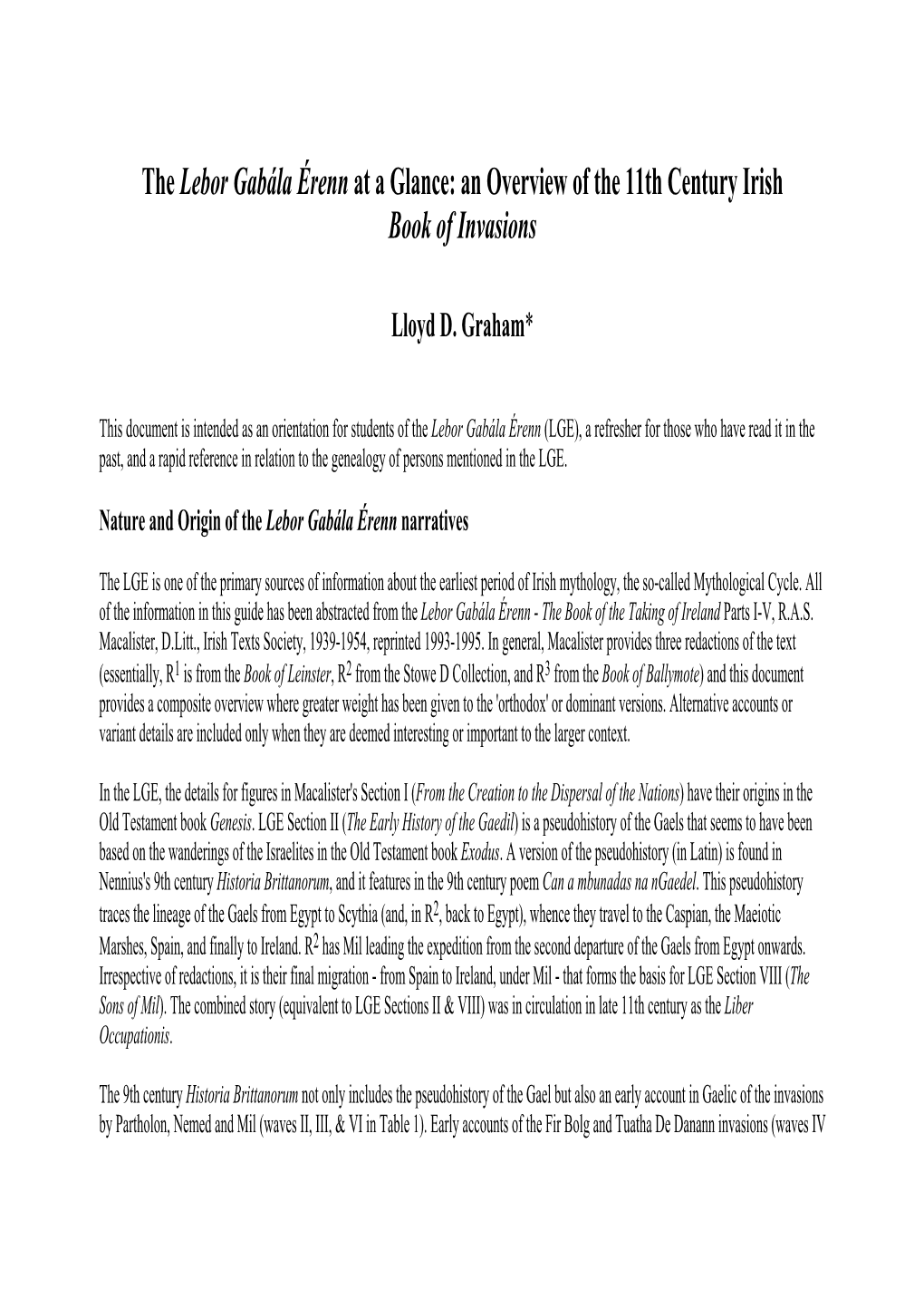 The Lebor Gabála Érenn at a Glance an Overview of the 11Th Century