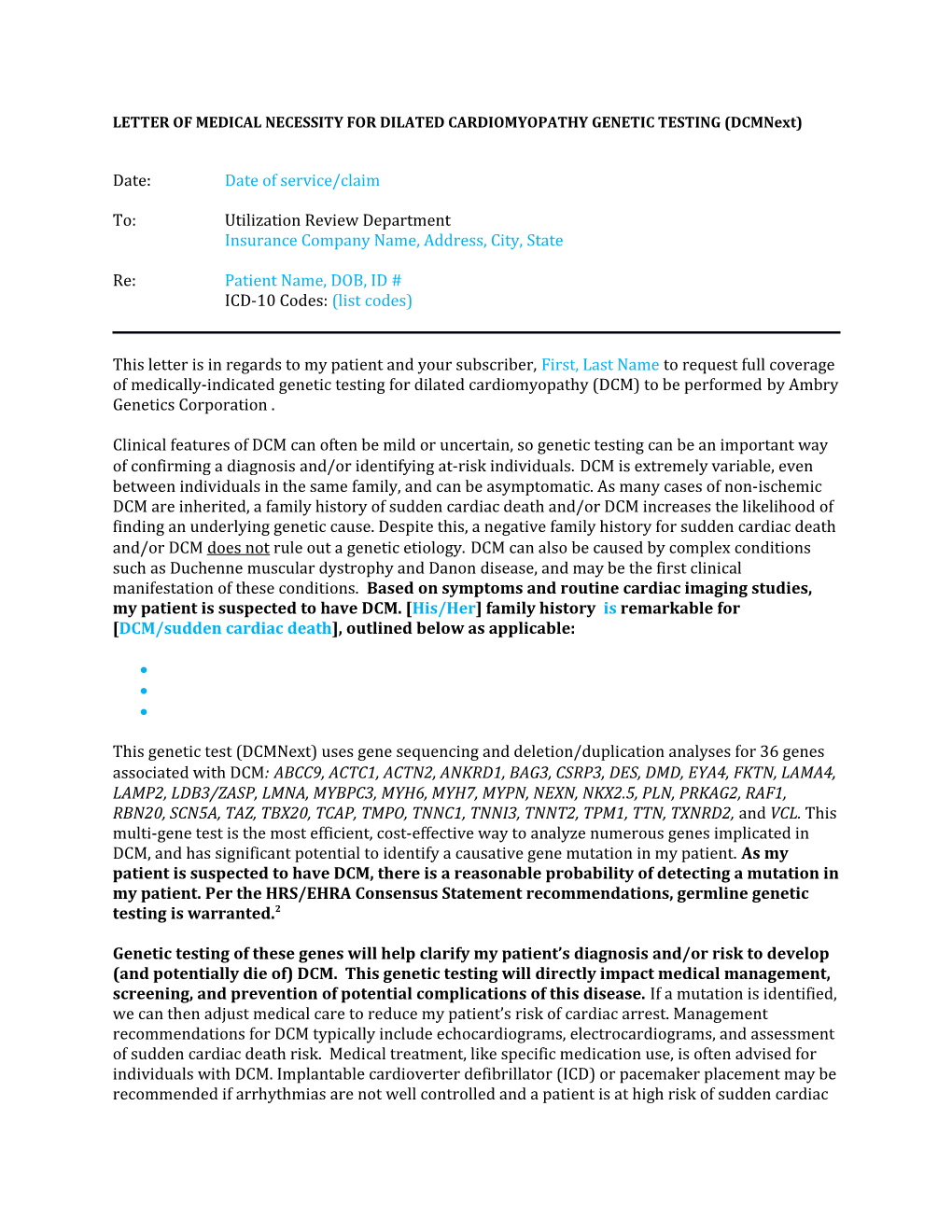 LETTER of MEDICAL NECESSITY for DILATED CARDIOMYOPATHY TESTING