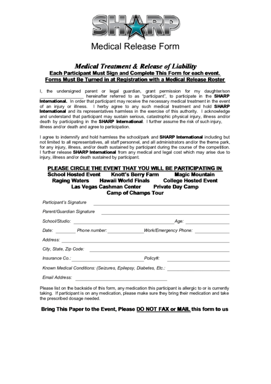 Fillable Sharp Medical Release Form printable pdf download