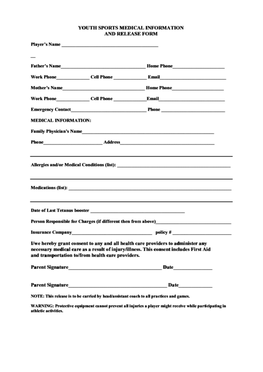 Fillable Youth Sports Medical Information And Release Form printable