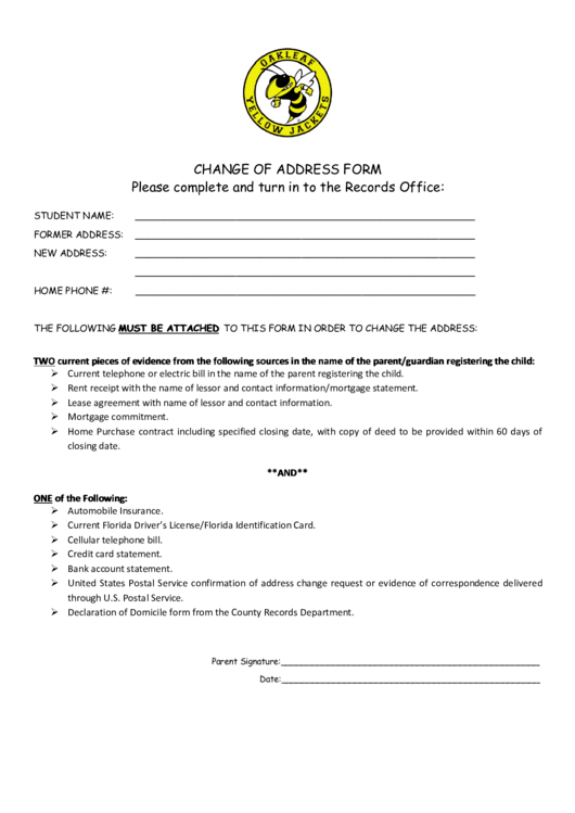Oakleaf Change Of Address Form printable pdf download
