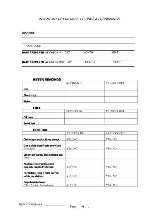 Inventory Of Fixtures, Fittings & Furnishings printable pdf download
