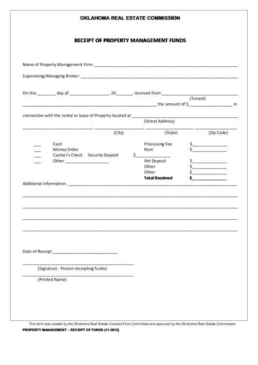 Fillable Oklahoma Real Estate Commission Receipt Of Property