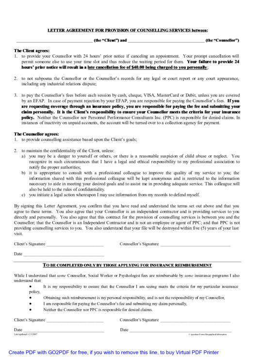 Letter Agreement For Provision Of Counselling Services printable pdf download