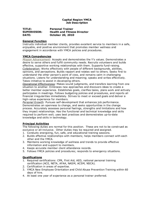 Capital Region Ymca Job Description Template printable pdf download