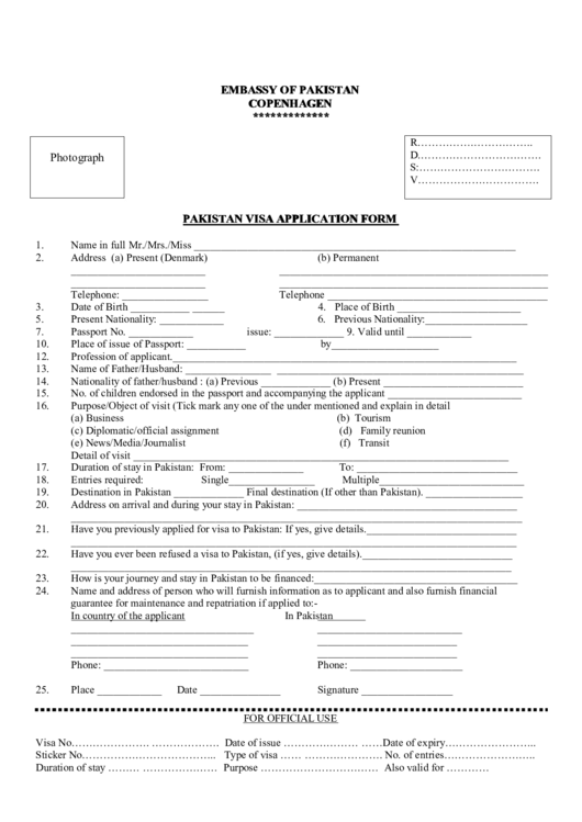 Pakistan Visa Application Form printable pdf download