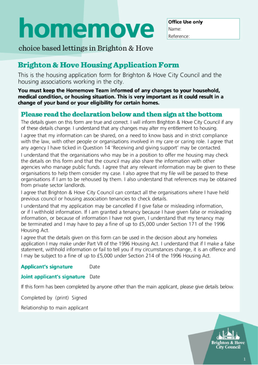 Brighton & Hove Housing Application Form printable pdf download