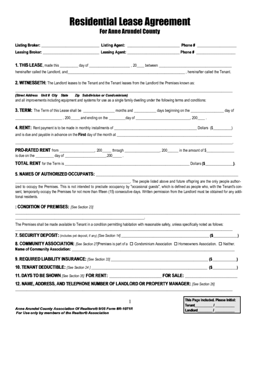 Residential Lease Agreement For Anne Arundel County printable pdf download