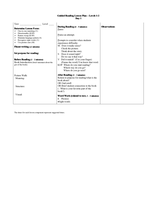 Guided Reading Lesson Plan Levels 12 printable pdf download