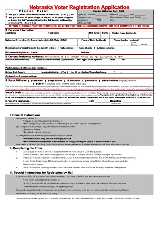 Fillable Nebraska Voter Registration Application printable pdf download