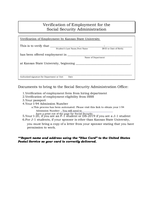 Fillable Verification Of Employment For The Social Security Administration printable pdf download