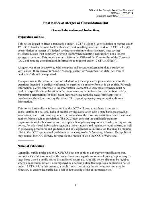 Final Notice Of Merger Or Consolidation Out printable pdf download