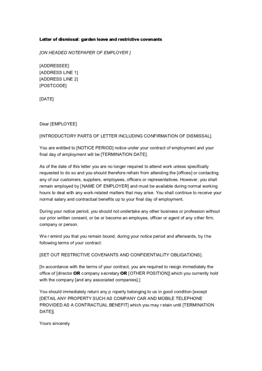 Letter Of Dismissal Garden Leave And Restrictive Covenants printable
