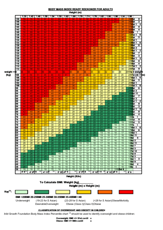 Body Mass Index Ready Reckoner For Adults printable pdf download