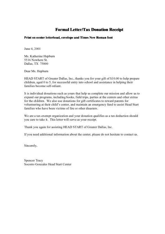 Fillable Formal Letter/tax Donation Receipt printable pdf download