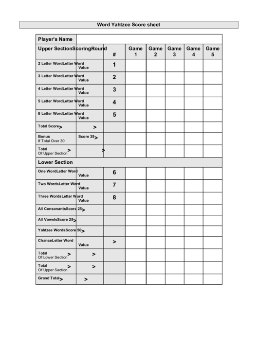 Word Yahtzee Score Sheet printable pdf download