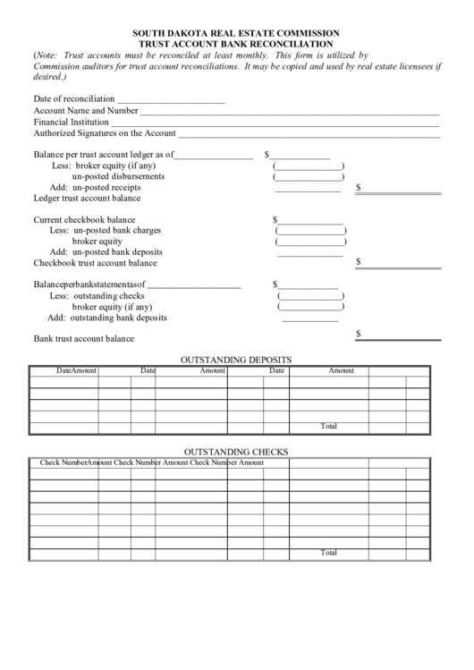 South Dakota Real Estate Commission Trust Account Bank Reconciliation